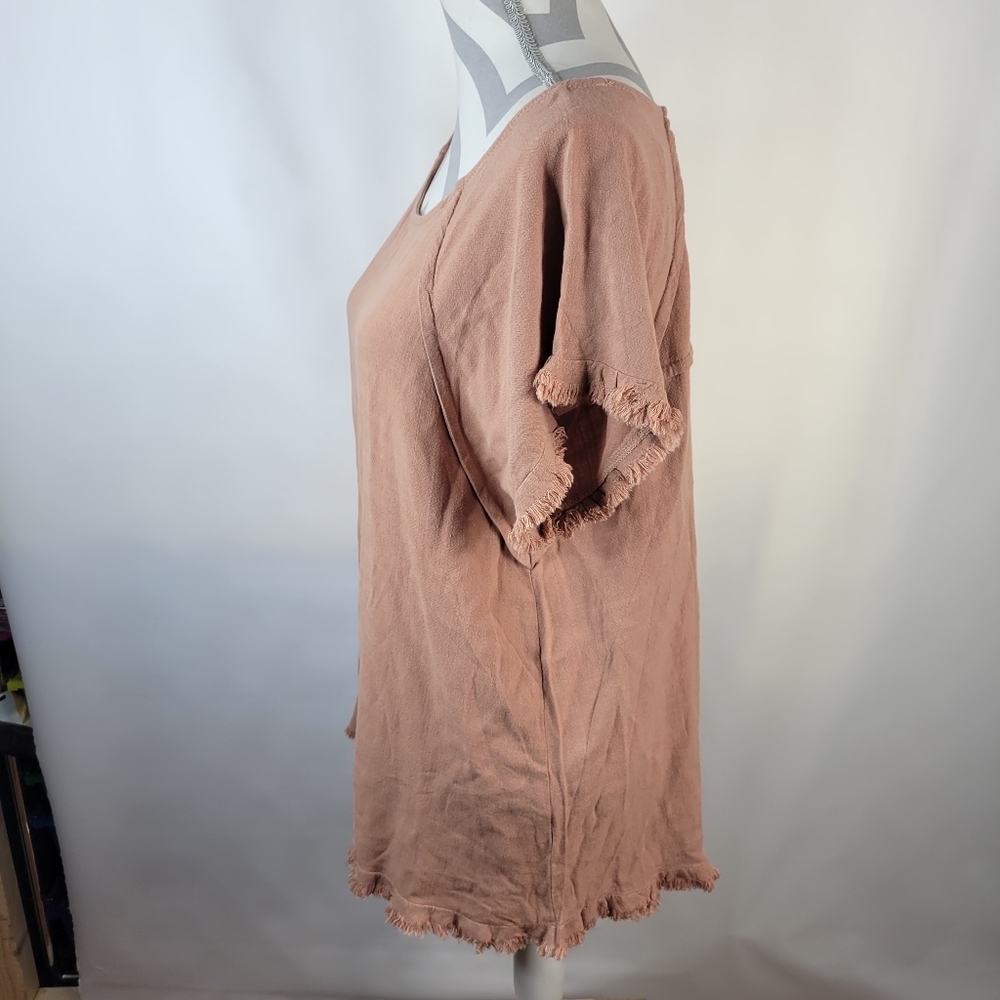 NWT Umgee USA Linen Cotton Blend Short Sleeve Fringed Salmon Pink Size Medium - Picture 5 of 9